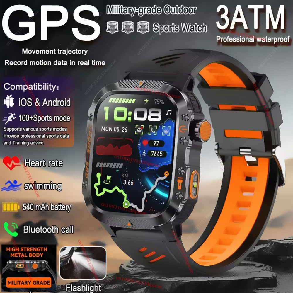 Smartwatch X12 - 2026年 ミリタリーアウトドアスマートウォッチ メンズ GPS フラッシュライト ブルートゥース通話