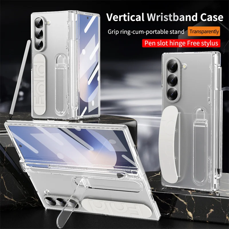 Screen Protector Film - Samsung Galaxy Z Fold 7/6/5/4/3用 高級リストバンドホルダー付きヒンジ式スマホケース、ペン収納スロットとSペンスクリーンプロテクターフィルムカバー付き