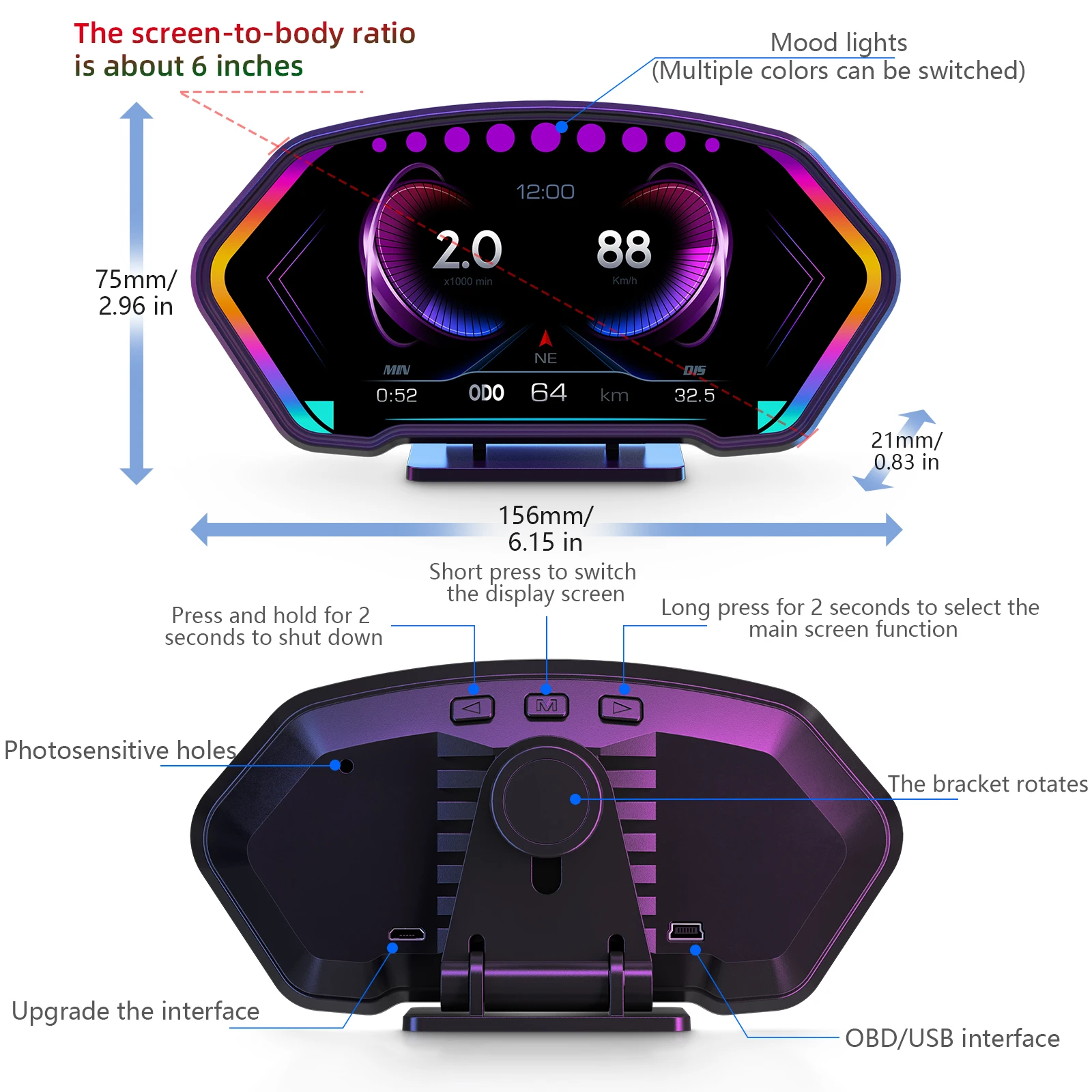 新型ユニバーサルスマートゲージ 6インチディスプレイ OBD - Smart Accessories のレビューと価格